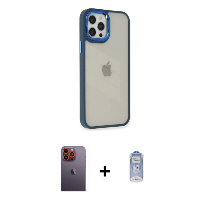 MARSİLYAN™- iPhone 12 Pro Max Kılıf Eksen Doku Prime - Siyah Joko Magic 5D Cam + Neon Fosforlu Kamera Lens - TU