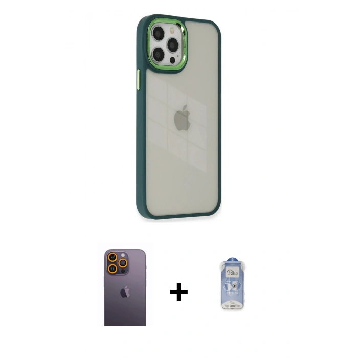 MARSİLYAN™- iPhone 12 Pro Max Kılıf Eksen Doku Prime - Siyah Joko Magic 5D Cam + Neon Fosforlu Kamera Lens - SI