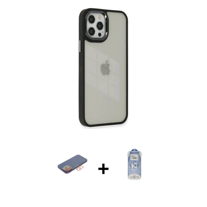 MARSİLYAN™- iPhone 12 Pro Max Kılıf Eksen Doku Prime - Siyah Joko Magic 5D Cam + Renkli Kamera Lens Koruma Cam - TU