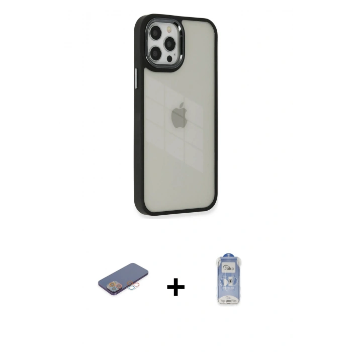 MARSİLYAN™- iPhone 12 Pro Max Kılıf Eksen Doku Prime - Siyah Joko Magic 5D Cam + Renkli Kamera Lens Koruma Cam - PE
