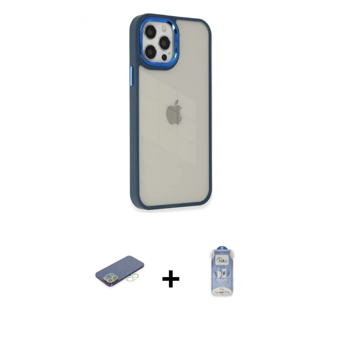 MARSİLYAN™- iPhone 12 Pro Max Kılıf Eksen Doku Prime - Siyah Joko Magic 5D Cam + Renkli Kamera Lens Koruma Cam - YL