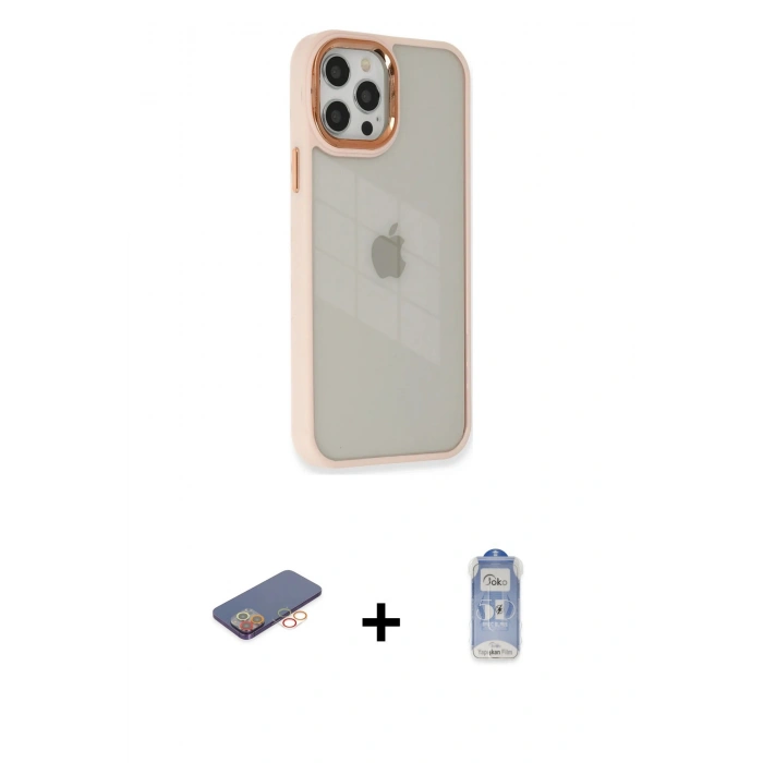 MARSİLYAN™- iPhone 12 Pro Max Kılıf Eksen Doku Prime - Siyah Joko Magic 5D Cam + Renkli Kamera Lens Koruma Cam - TU