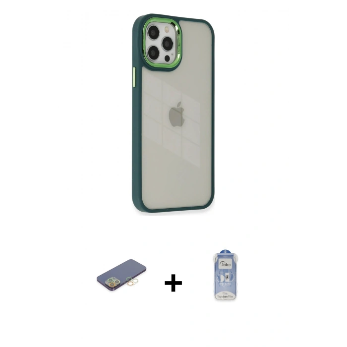 MARSİLYAN™- iPhone 12 Pro Max Kılıf Eksen Doku Prime - Siyah Joko Magic 5D Cam + Renkli Kamera Lens Koruma Cam - SI