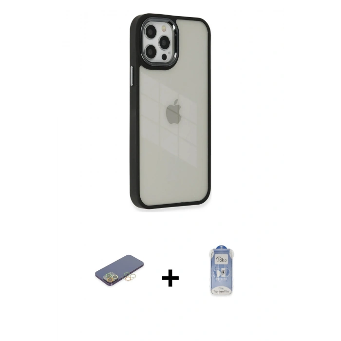 MARSİLYAN™- iPhone 12 Pro Max Kılıf Eksen Doku Prime - Siyah Joko Magic 5D Cam + Renkli Kamera Lens Koruma Cam - SI