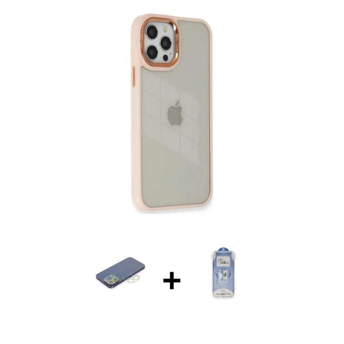 MARSİLYAN™- iPhone 12 Pro Max Kılıf Eksen Doku Prime - Siyah Joko Magic 5D Cam + Renkli Kamera Lens Koruma Cam - YL