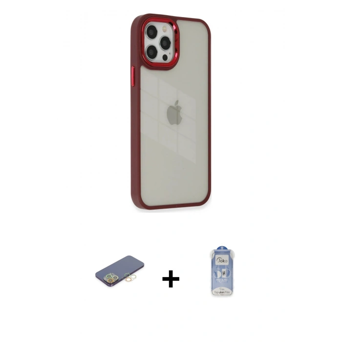 MARSİLYAN™- iPhone 12 Pro Max Kılıf Eksen Doku Prime - Siyah Joko Magic 5D Cam + Renkli Kamera Lens Koruma Cam - SI