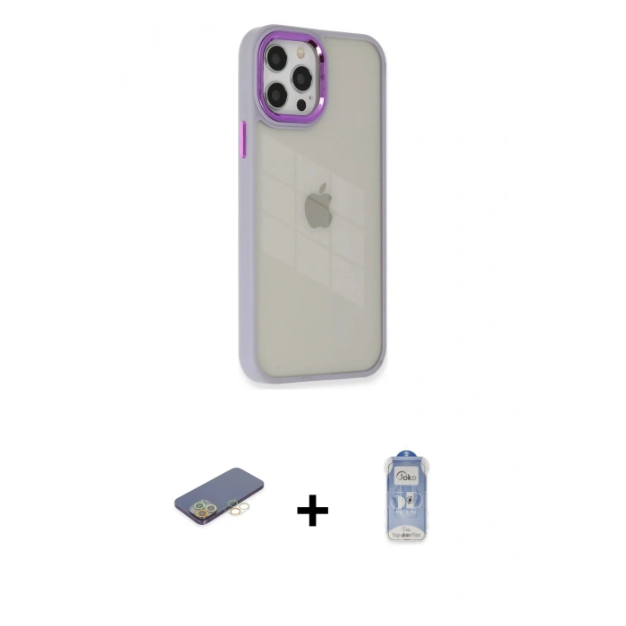 MARSİLYAN™- iPhone 12 Pro Max Kılıf Eksen Doku Prime - Siyah Joko Magic 5D Cam + Renkli Kamera Lens Koruma Cam - SI