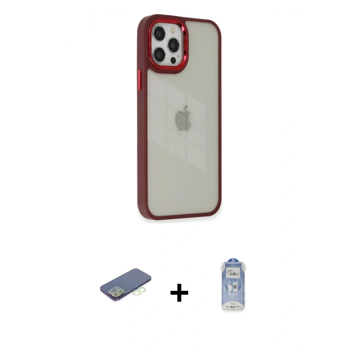 MARSİLYAN™- iPhone 12 Pro Max Kılıf Eksen Doku Prime - Siyah Joko Magic 5D Cam + Renkli Kamera Lens Koruma Cam - YL