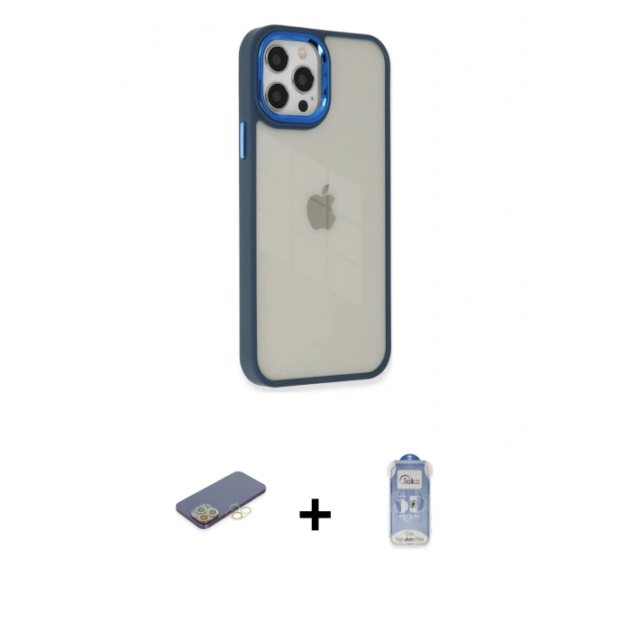 MARSİLYAN™- iPhone 12 Pro Max Kılıf Eksen Doku Prime - Siyah Joko Magic 5D Cam + Renkli Kamera Lens Koruma Cam - SI