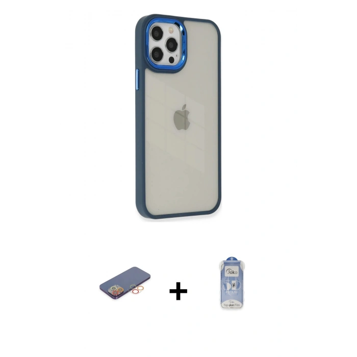 MARSİLYAN™- iPhone 12 Pro Max Kılıf Eksen Doku Prime - Siyah Joko Magic 5D Cam + Renkli Kamera Lens Koruma Cam - TU