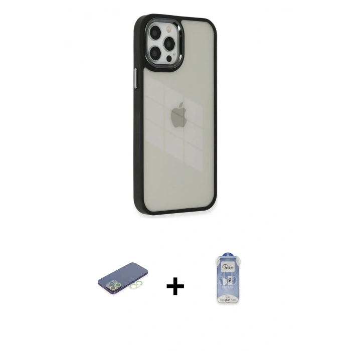 MARSİLYAN™- iPhone 12 Pro Max Kılıf Eksen Doku Prime - Siyah Joko Magic 5D Cam + Renkli Kamera Lens Koruma Cam - YL