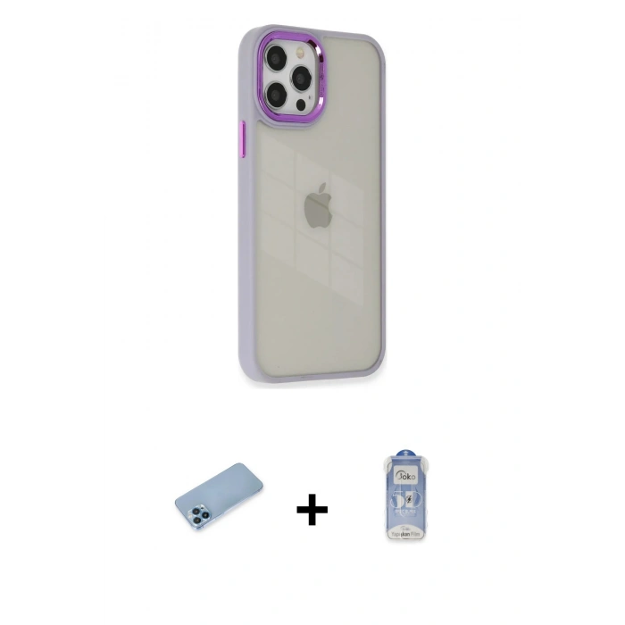 MARSİLYAN™- iPhone 12 Pro Max Kılıf Eksen Doku Prime - Siyah Joko Magic 5D Cam + Shine Kamera Lens Koruma Cam - MI