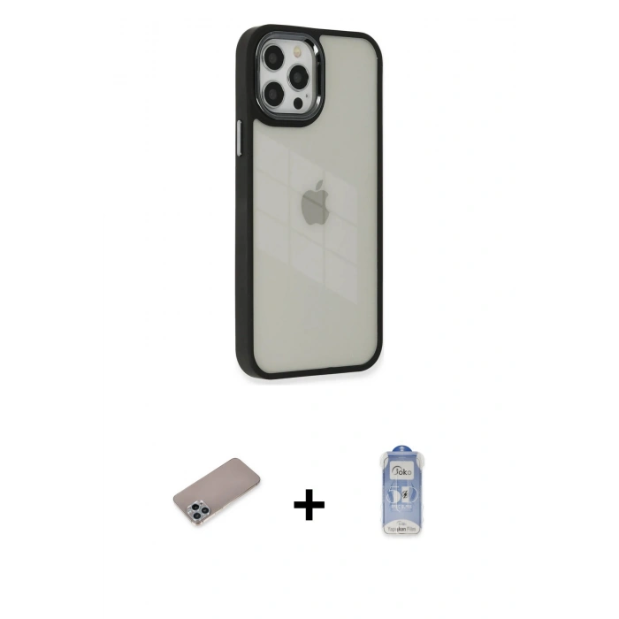 MARSİLYAN™- iPhone 12 Pro Max Kılıf Eksen Doku Prime - Siyah Joko Magic 5D Cam + Shine Kamera Lens Koruma Cam - SABE
