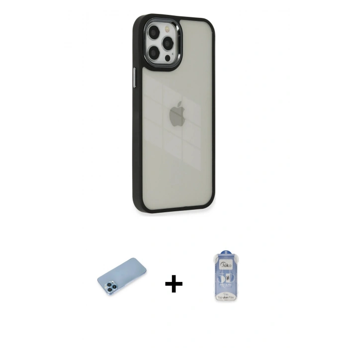 MARSİLYAN™- iPhone 12 Pro Max Kılıf Eksen Doku Prime - Siyah Joko Magic 5D Cam + Shine Kamera Lens Koruma Cam - MI