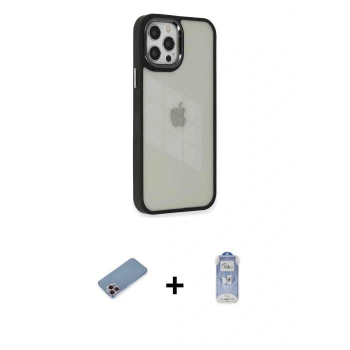 MARSİLYAN™- iPhone 12 Pro Max Kılıf Eksen Doku Prime - Siyah Joko Magic 5D Cam + Shine Kamera Lens Koruma Cam - PE