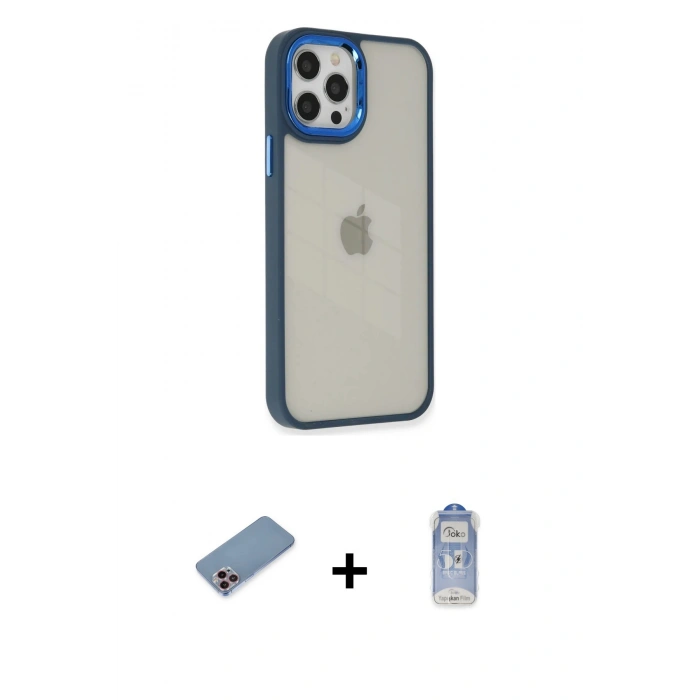 MARSİLYAN™- iPhone 12 Pro Max Kılıf Eksen Doku Prime - Siyah Joko Magic 5D Cam + Shine Kamera Lens Koruma Cam - PE