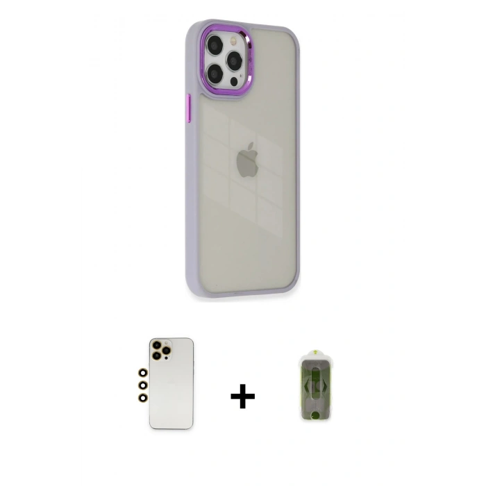 MARSİLYAN™- iPhone 12 Pro Max Kılıf Eksen Doku Prime - Siyah Joko Magic 5D Hayalet Cam + Gold Shine Kamera Lens
