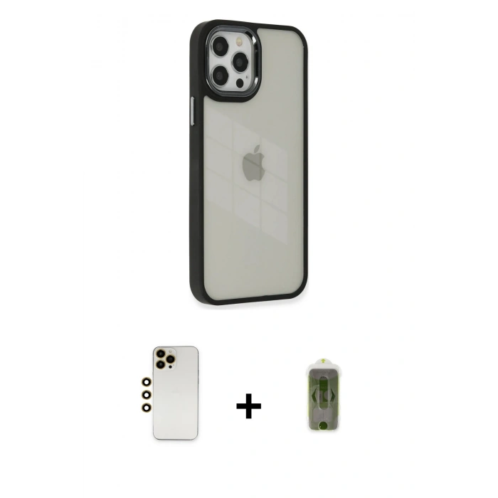 MARSİLYAN™- iPhone 12 Pro Max Kılıf Eksen Doku Prime - Siyah Joko Magic 5D Hayalet Cam + Gold Shine Kamera Lens