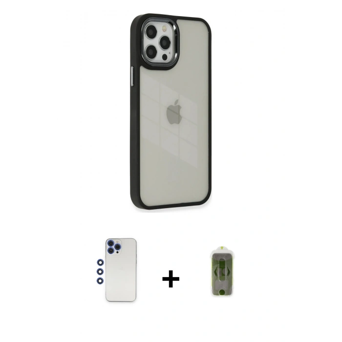 MARSİLYAN™- iPhone 12 Pro Max Kılıf Eksen Doku Prime - Siyah Joko Magic 5D Hayalet Cam + Shine Kamera Lens - LT