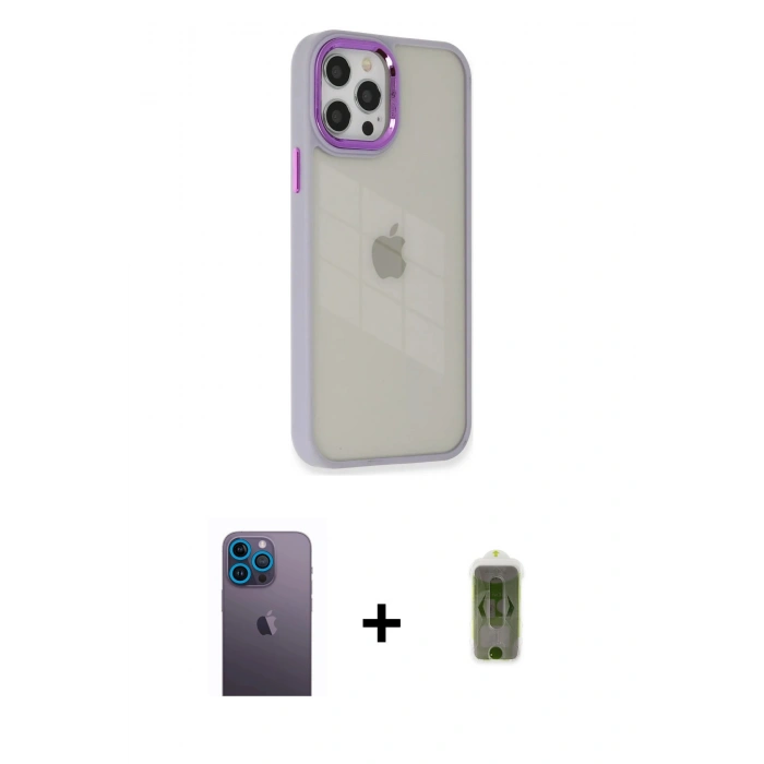 MARSİLYAN™- iPhone 12 Pro Max Kılıf Eksen Doku Prime - Siyah Joko Magic 5D Hayalet Cam + Neon Fosforlu Kamera Lens - MI