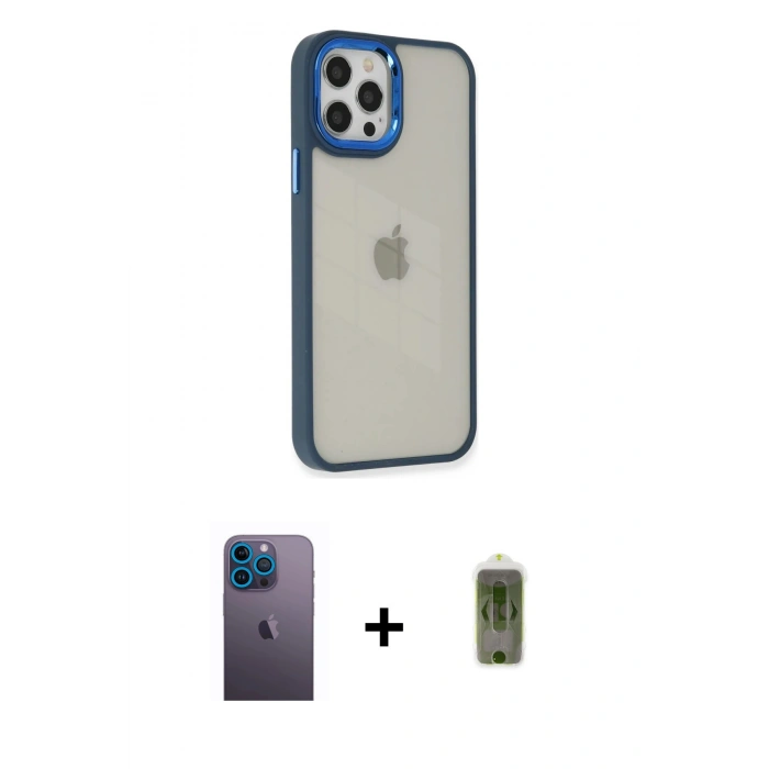 MARSİLYAN™- iPhone 12 Pro Max Kılıf Eksen Doku Prime - Siyah Joko Magic 5D Hayalet Cam + Neon Fosforlu Kamera Lens - MI