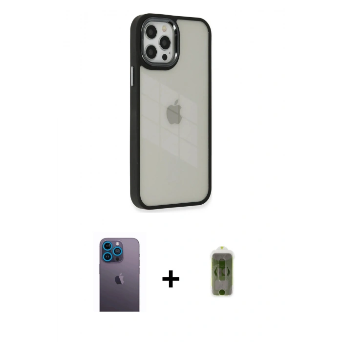 MARSİLYAN™- iPhone 12 Pro Max Kılıf Eksen Doku Prime - Siyah Joko Magic 5D Hayalet Cam + Neon Fosforlu Kamera Lens - MI