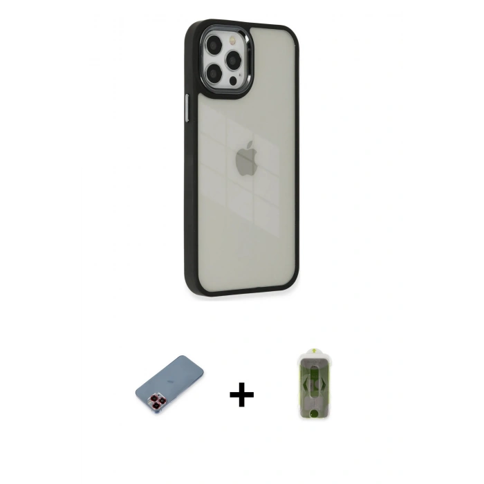 MARSİLYAN™- iPhone 12 Pro Max Kılıf Eksen Doku Prime - Siyah Joko Magic 5D Hayalet Cam + Metal Kamera Lens Koruma Cam - KI
