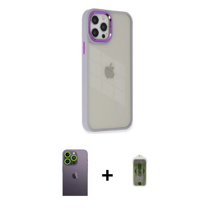 MARSİLYAN™- iPhone 12 Pro Max Kılıf Eksen Doku Prime - Siyah Joko Magic 5D Hayalet Cam + Neon Fosforlu Kamera Lens - YL