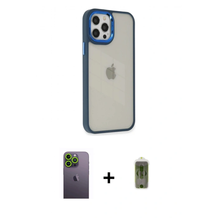 MARSİLYAN™- iPhone 12 Pro Max Kılıf Eksen Doku Prime - Siyah Joko Magic 5D Hayalet Cam + Neon Fosforlu Kamera Lens - YL