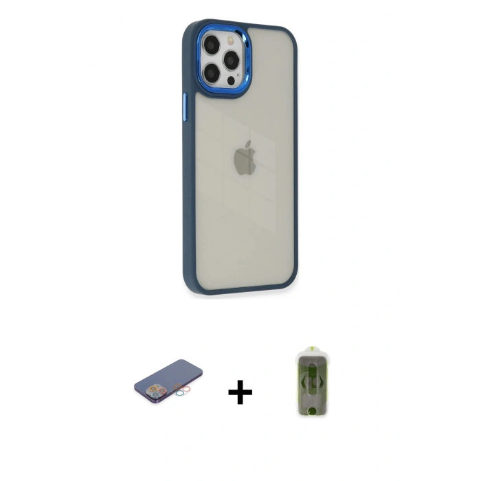 MARSİLYAN™- iPhone 12 Pro Max Kılıf Eksen Doku Prime - Siyah Joko Magic 5D Hayalet Cam + Renkli Kamera Lens Koruma Cam - PE