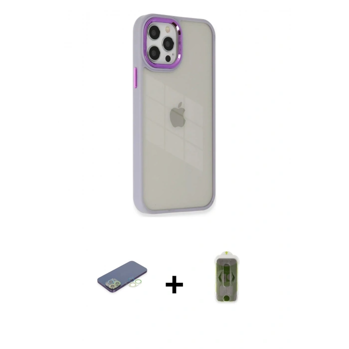 MARSİLYAN™- iPhone 12 Pro Max Kılıf Eksen Doku Prime - Siyah Joko Magic 5D Hayalet Cam + Renkli Kamera Lens Koruma Cam - YL