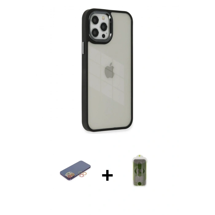 MARSİLYAN™- iPhone 12 Pro Max Kılıf Eksen Doku Prime - Siyah Joko Magic 5D Hayalet Cam + Renkli Kamera Lens Koruma Cam - TU