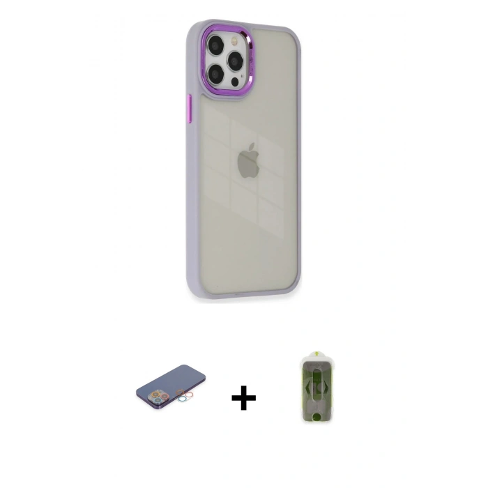 MARSİLYAN™- iPhone 12 Pro Max Kılıf Eksen Doku Prime - Siyah Joko Magic 5D Hayalet Cam + Renkli Kamera Lens Koruma Cam - PE