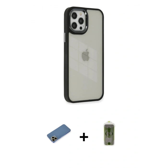 MARSİLYAN™- iPhone 12 Pro Max Kılıf Eksen Doku Prime - Siyah Joko Magic 5D Hayalet Cam + Shine Kamera Lens Koruma Cam - GD