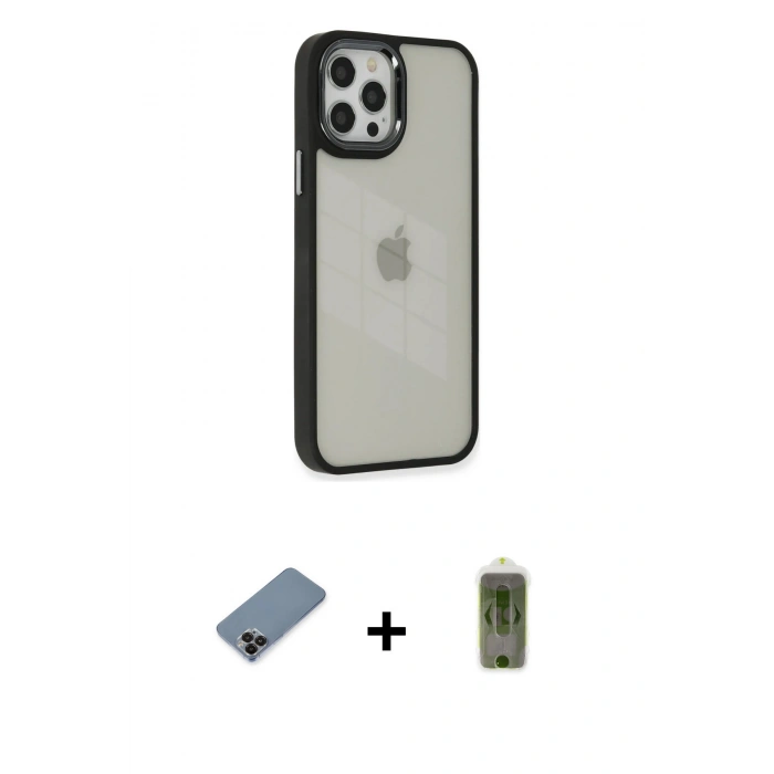MARSİLYAN™- iPhone 12 Pro Max Kılıf Eksen Doku Prime - Siyah Joko Magic 5D Hayalet Cam + Siyah Metal Kamera Lens Koruma Cam