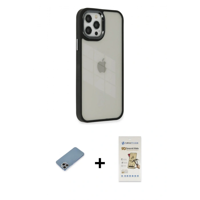 MARSİLYAN™- iPhone 12 Pro Max Kılıf Eksen Doku Prime - Siyah Mat Seramik Nano Ekran Koruyucu + Shine Kamera Lens Koruma Cam - GI