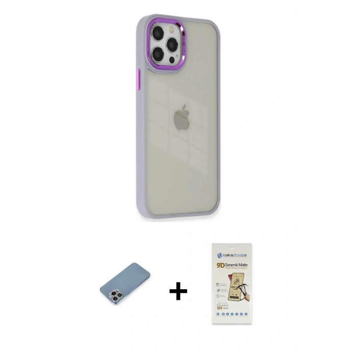 MARSİLYAN™- iPhone 12 Pro Max Kılıf Eksen Doku Prime - Siyah Mat Seramik Nano Ekran Koruyucu + Shine Kamera Lens Koruma Cam - GI