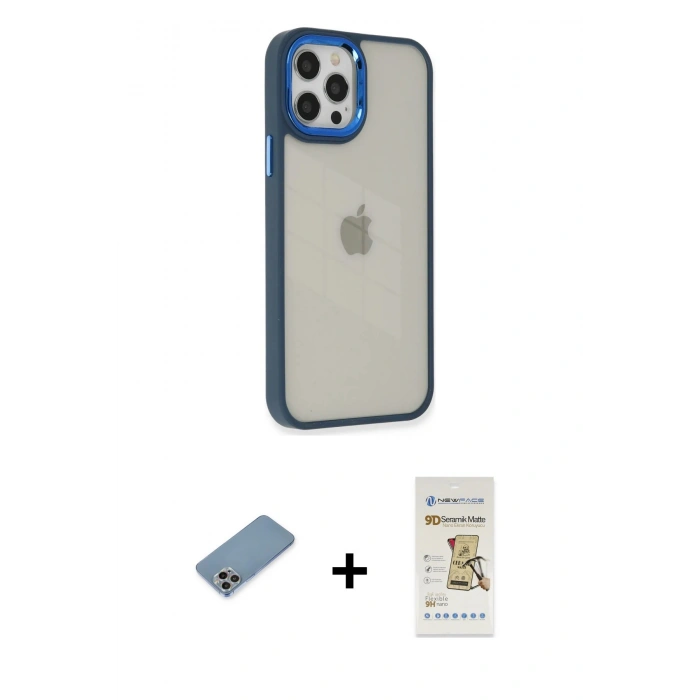 MARSİLYAN™- iPhone 12 Pro Max Kılıf Eksen Doku Prime - Siyah Mat Seramik Nano Ekran Koruyucu + Shine Kamera Lens Koruma Cam - GI