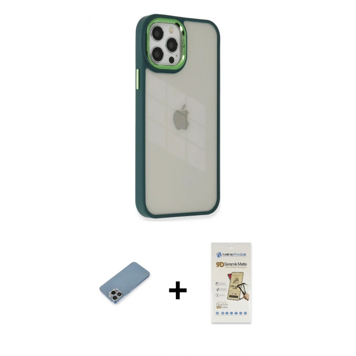 MARSİLYAN™- iPhone 12 Pro Max Kılıf Eksen Doku Prime - Siyah Mat Seramik Nano Ekran Koruyucu + Shine Kamera Lens Koruma Cam - GI
