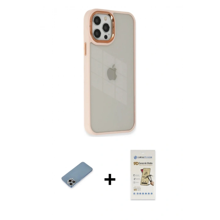 MARSİLYAN™- iPhone 12 Pro Max Kılıf Eksen Doku Prime - Siyah Mat Seramik Nano Ekran Koruyucu + Shine Kamera Lens Koruma Cam - GI