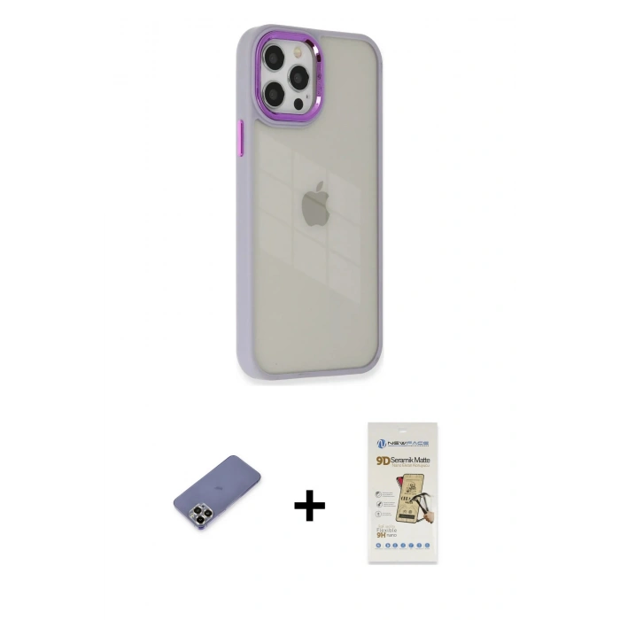 MARSİLYAN™- iPhone 12 Pro Max Kılıf Eksen Doku Prime - Siyah Mat Seramik Nano Ekran Koruyucu + Metal Kamera Lens Koruma Cam - GD