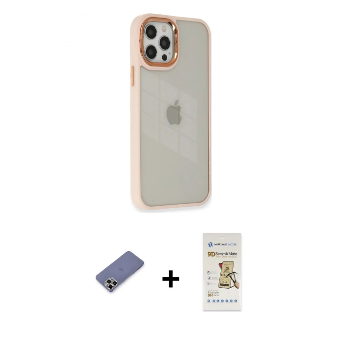 MARSİLYAN™- iPhone 12 Pro Max Kılıf Eksen Doku Prime - Siyah Mat Seramik Nano Ekran Koruyucu + Metal Kamera Lens Koruma Cam - GD