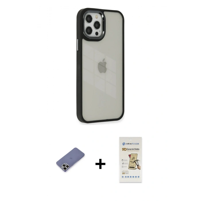 MARSİLYAN™- iPhone 12 Pro Max Kılıf Eksen Doku Prime - Siyah Mat Seramik Nano Ekran Koruyucu + Metal Kamera Lens Koruma Cam - GD