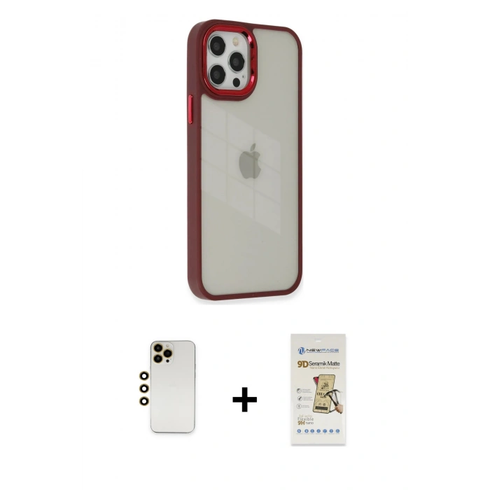 MARSİLYAN™- iPhone 12 Pro Max Kılıf Eksen Doku Prime - Siyah Mat Seramik Nano Ekran Koruyucu + Gold Shine Kamera Lens