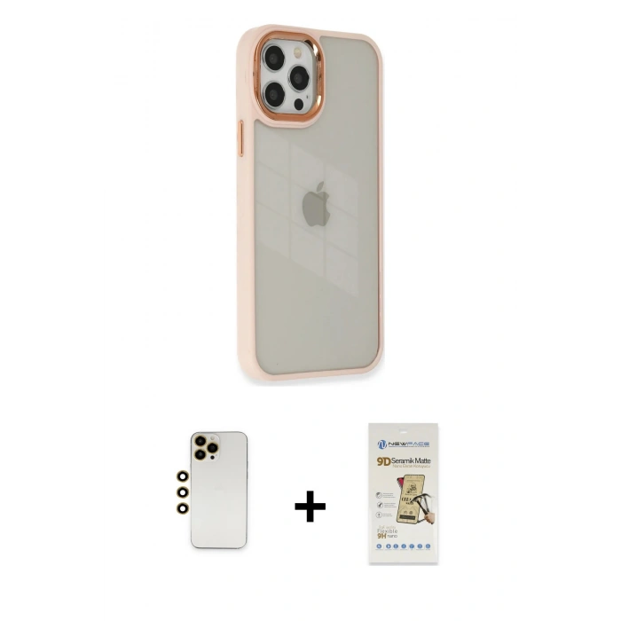 MARSİLYAN™- iPhone 12 Pro Max Kılıf Eksen Doku Prime - Siyah Mat Seramik Nano Ekran Koruyucu + Gold Shine Kamera Lens