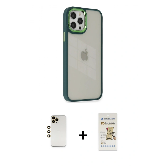 MARSİLYAN™- iPhone 12 Pro Max Kılıf Eksen Doku Prime - Siyah Mat Seramik Nano Ekran Koruyucu + Gold Shine Kamera Lens