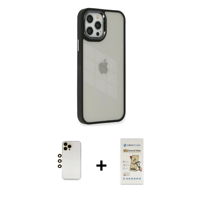 MARSİLYAN™- iPhone 12 Pro Max Kılıf Eksen Doku Prime - Siyah Mat Seramik Nano Ekran Koruyucu + Gold Shine Kamera Lens
