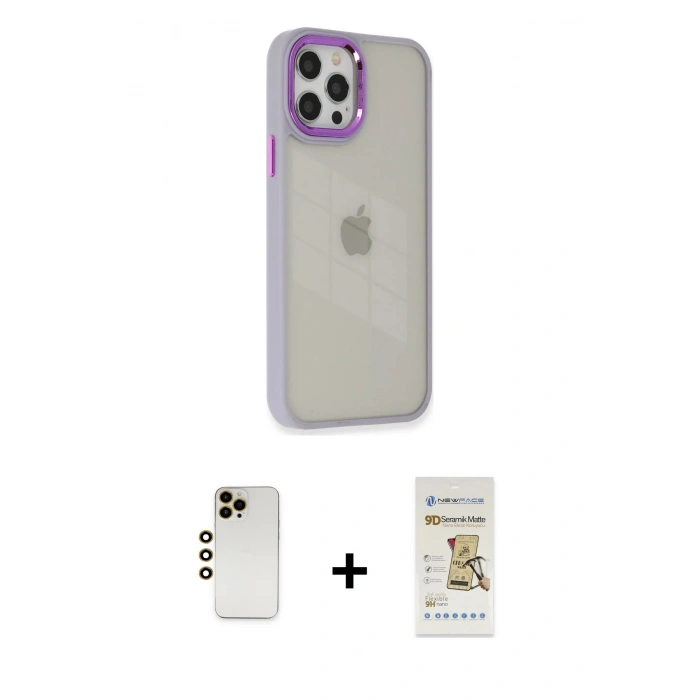 MARSİLYAN™- iPhone 12 Pro Max Kılıf Eksen Doku Prime - Siyah Mat Seramik Nano Ekran Koruyucu + Gold Shine Kamera Lens