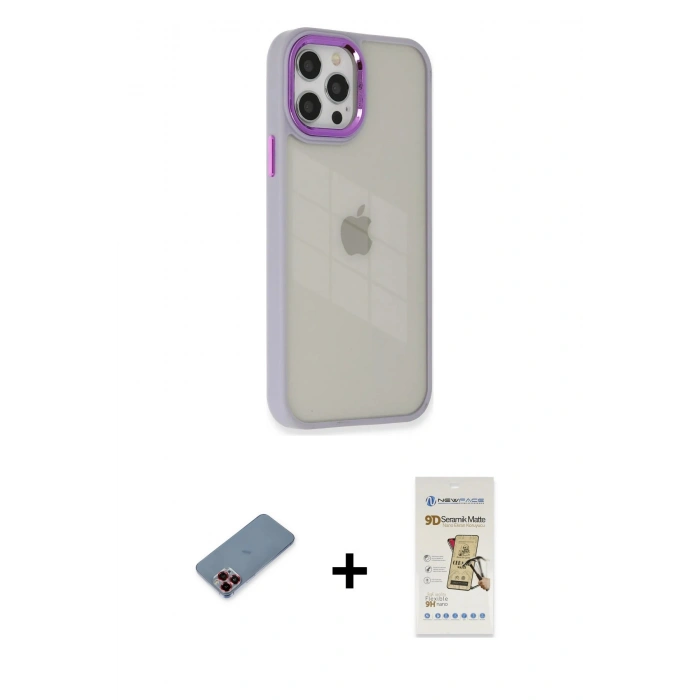 MARSİLYAN™- iPhone 12 Pro Max Kılıf Eksen Doku Prime - Siyah Mat Seramik Nano Ekran Koruyucu + Metal Kamera Lens Koruma Cam - KI