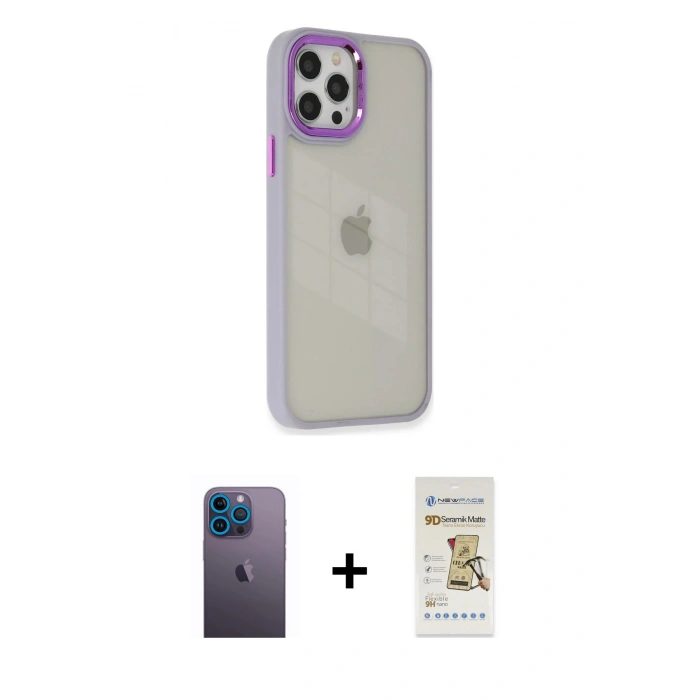 MARSİLYAN™- iPhone 12 Pro Max Kılıf Eksen Doku Prime - Siyah Mat Seramik Nano Ekran Koruyucu + Mavi Neon Fosforlu Kamera Lens